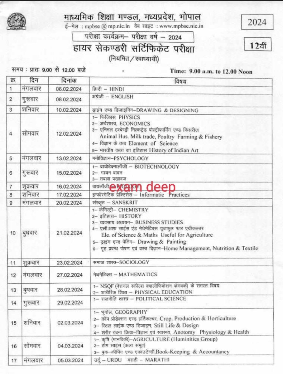 MP board Class 12 final exam time table 2024